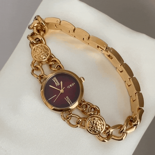 Bold Opulence: A Statement of Opulent Contrast – Crimson Red Dial & Bold Gold Cuff