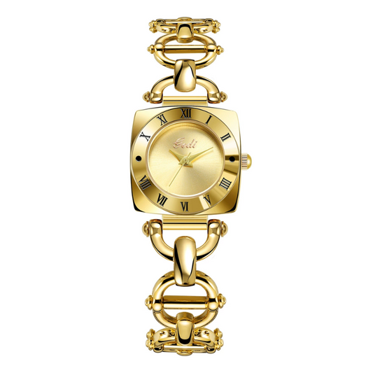 Golden Classic – Women’s Roman Round Dial Watch in Square Frame