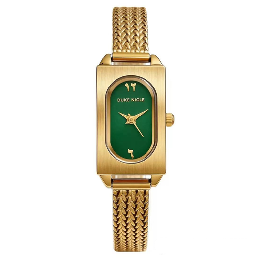 Everyday Luxe: Green Oval Dial Watch with Gold Rectangular Bezel & Wheat-Pattern Bracelet