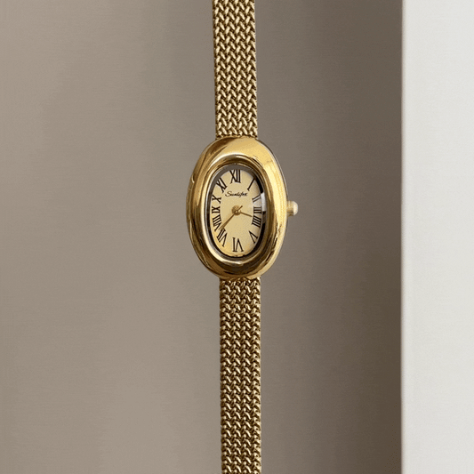 Luxe Texture Luminous: Gold Oval Dial Watch with Gold Wheat-Pattern Stainless Steel Bracelet