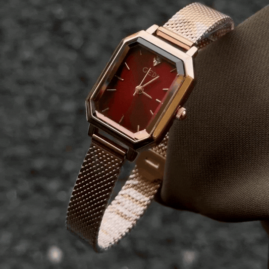 Warm Luxury: Red Rectangular Dial Watch with Rose Gold Bezel & Rose-Tone Stainless Steel Bracelet