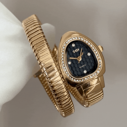 Dark Mystic: Black Serpenti Dial Watch with Gold Diamond Bezel & Loop Bracelet