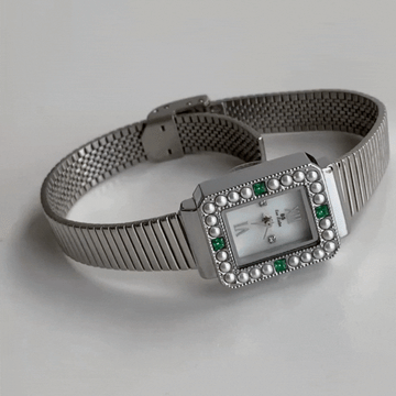 Jade Whisper – Women’s Silver Bamboo Watch with Pearl Green Stone Accents
