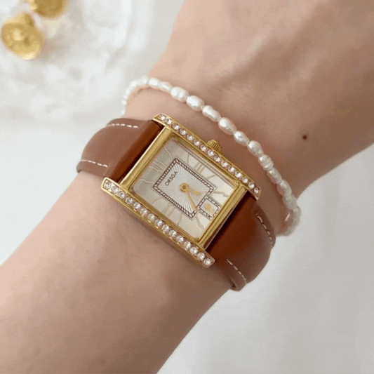 Brown Women's Watch – Rectangular Gold Roman Dial Leather Watch | Laurel