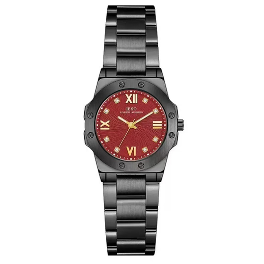 Sporty Edge: Red Round Dial Watch with Black Stainless Steel Bracelet