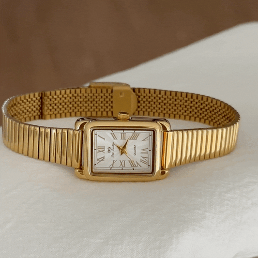 Aura Recto - Gold Alloy Women's Quartz Watch with White Rectangular Dial