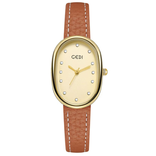 Elegant Golden Mother-of-Pearl Oval Dial Orange Vegan Leather Strap Quartz Watch