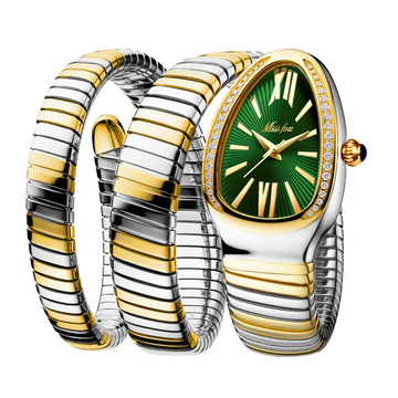 Serpentina Duo – Women’s Two-Tone Double Wrap Green Serpent Head Quartz Watch