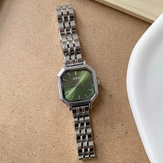 Emerald Charm Timepiece: Silver and Forest Green Watch