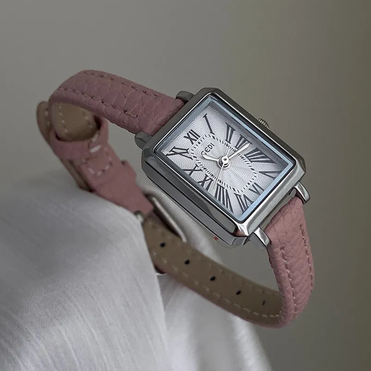 Pink Elegance Timepiece: Mini Square Roman Dial Leather Watch