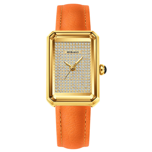Elegant Square Watch with Gold Crystal Dial & Orange Leather Strap