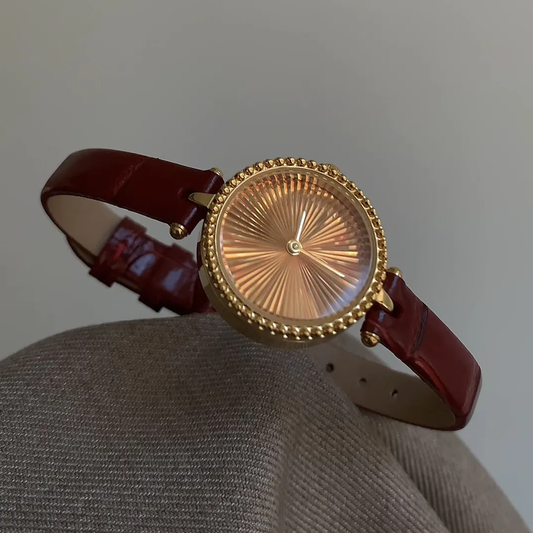 Vintage French Chic: Red Leather & Gold Dial Quartz Watch