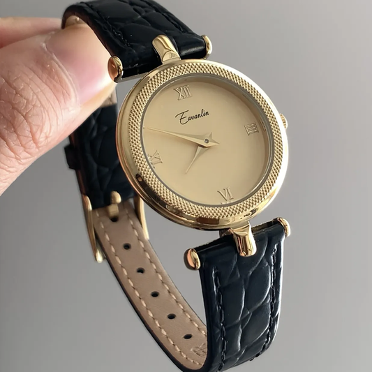 Midnight Regal Timepiece: Black and Gold Roman Dial Watch