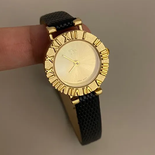 Obsidian Luxe Timepiece: Black and Gold Leather Quartz Watch