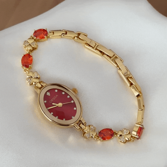 Luxury Red Oval Diamond Dial Gold Bezel & Gem-Set Alloy Bracelet Quartz Watch