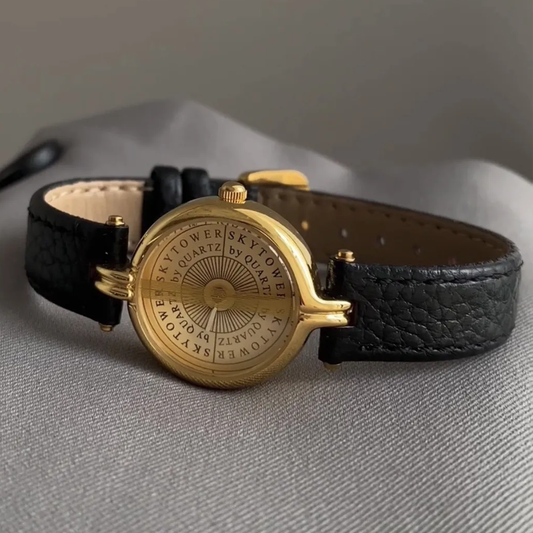 Midnight Gold Leather Quartz Timepiece: Black and Gold Watch