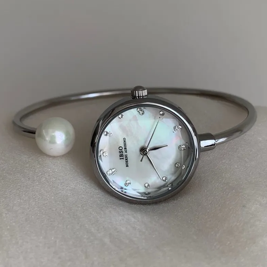 Pearl & Silver Bangle Quartz Watch for Women – Classic White Dial