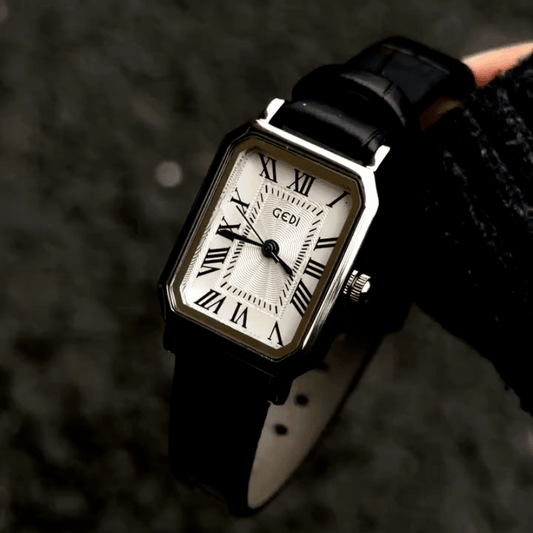 Minimalist Rectangular Watch for Women – Black Leather Strap, White Roman Dial