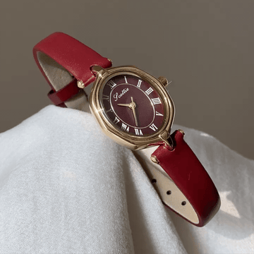 French Vintage Red Leather Strap Women’s Quartz Watch with Octagonal Gold Case & Red Dial