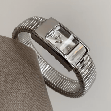 Everyday Wear：White Rectangular Dial Watch with Silver Rectangular Bezel & Silver Stainless Steel Elastic Strap