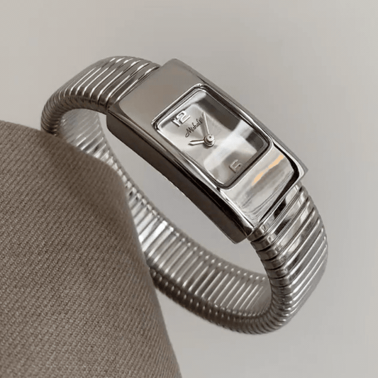 Everyday Wear：White Rectangular Dial Watch with Silver Rectangular Bezel & Silver Stainless Steel Elastic Strap