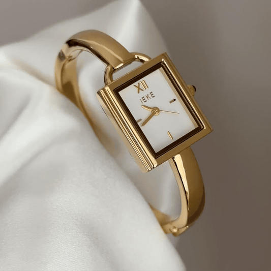 Minimalist Luxe Elegant: White Square Dial Watch with Gold Cuff Bracelet