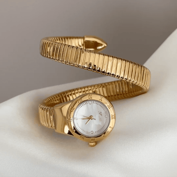Versatile Elegance: White Round Dial Watch with Gold Bezel & Gold Stainless Steel Loop Bracelet