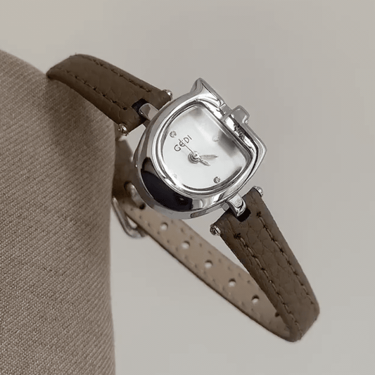 Women's Quartz Watch with Gray Leather Strap, Silver Case & White D-Shaped Dial – Elegant Everyday Casual Wristwatch