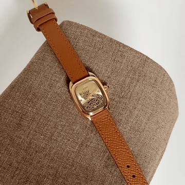 Vintage Petite Gold Watch with Embossed Panther Dial & Tan Leather Strap