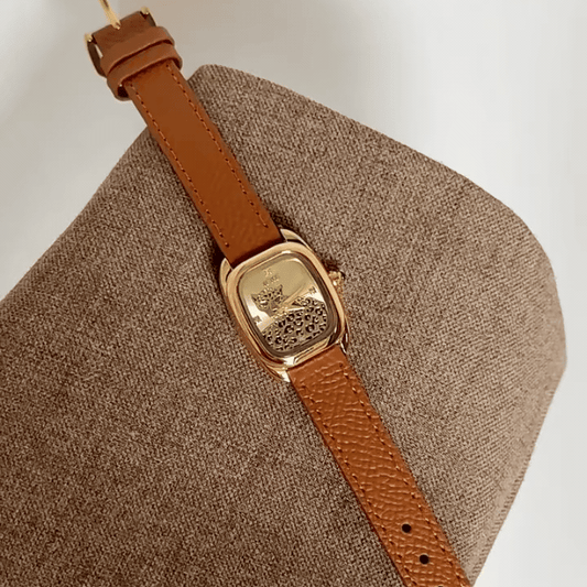 Vintage Petite Gold Watch with Embossed Panther Dial & Tan Leather Strap