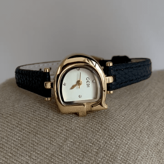 Women's Quartz Watch with Black Leather Strap, Gold Case & Gold D-Shaped Dial – Elegant Everyday Dress Watch for Women