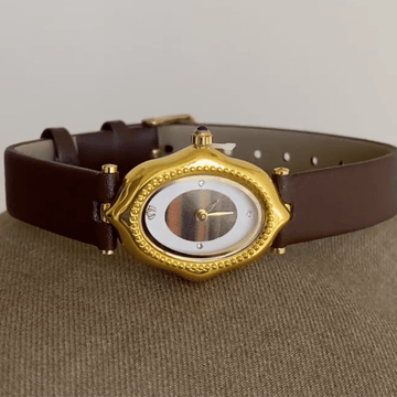 French Vintage Brown Slim Strap Quartz Watch with Gold Oval Case and Sunset Dial for Women