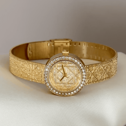 Radiant Luxe: Gold Round Dial Watch with Gold Diamond Bezel & Gold Stainless Steel Bracelet