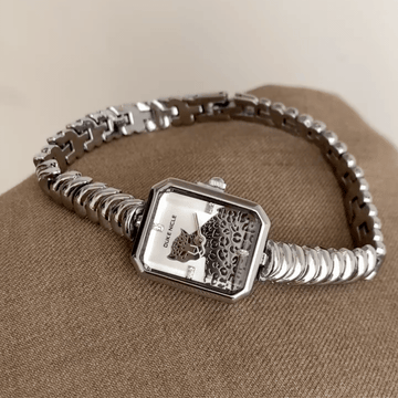 Women’s Silver Snake Chain Square Leopard Watch – Elegant Quartz Wristwatch