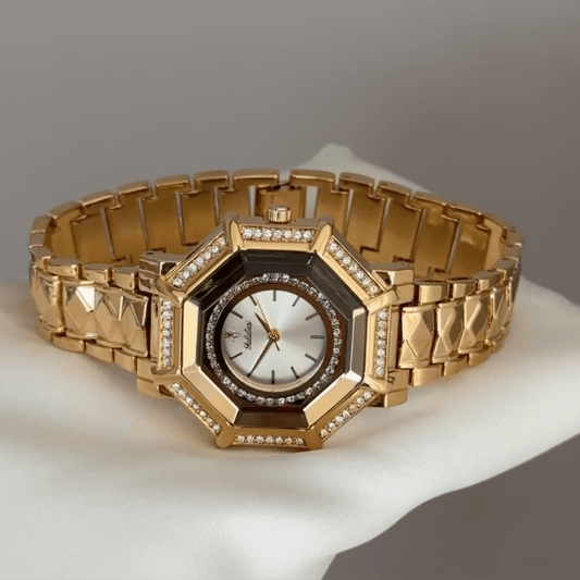 Geometric Glam: White Round Diamond Dial Watch with Gold Octagonal Diamond Bezel & Gold Bracelet