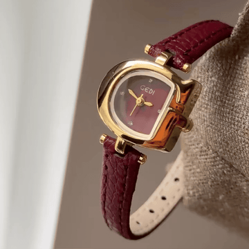 Vintage Gold Horseshoe Watch with Burgundy Dial & Slim Leather Strap
