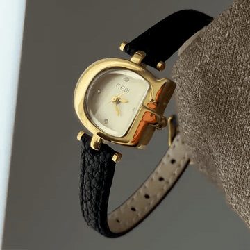 Vintage Gold Horseshoe Watch with White Dial & Slim Black Leather Strap