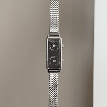 Dual Time Zone: Black Rectangular Dial with Silver Bezel & Black Alloy Wheat Pattern Bracelet