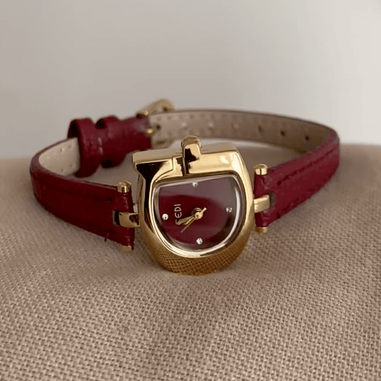 Vintage Gold Horseshoe Watch with Burgundy Dial & Slim Leather Strap