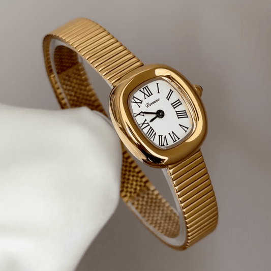 Minimalist Oval: White Tub-Shaped Oval Dial Watch with Gold Oval Bezel & Gold Stainless Steel Bracelet