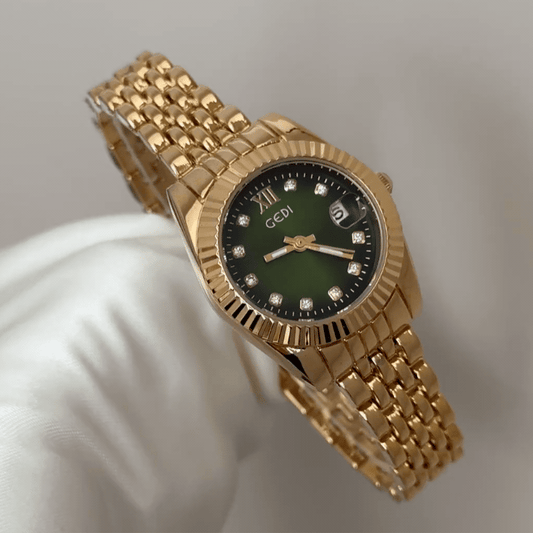 Versatile Charm: Green Round Dial Watch with Gold Stainless Steel Bracelet