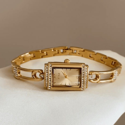 Statement Luxury：Gold Rectangular Dial Watch with Gold Diamond-Set Rectangular Bezel & Gold Diamond-Accented Stainless Steel Bracelet