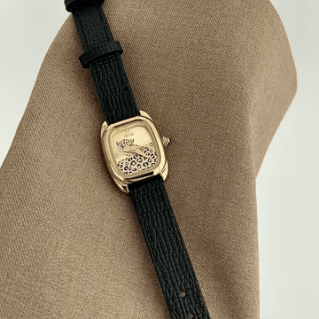 Vintage Petite Gold Tonneau Watch with Panther Motif Dial & Black Leather Strap