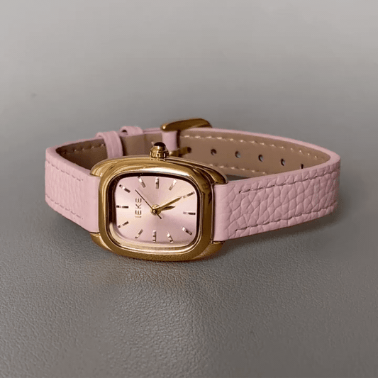Elegant Pink Leather Strap Ladies Quartz Watch, Gold Case, Rectangular Pink Dial