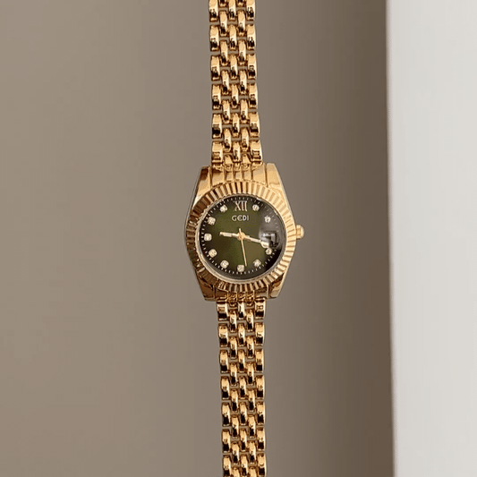 Versatile Charm: Green Round Dial Watch with Gold Stainless Steel Bracelet