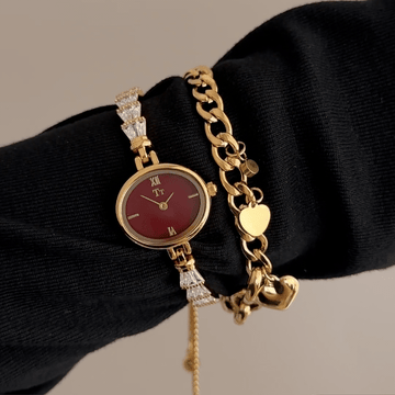 Passionate Red: Red Oval Dial Watch with Gold Oval Bezel & Gold Expandable Chain Bracelet
