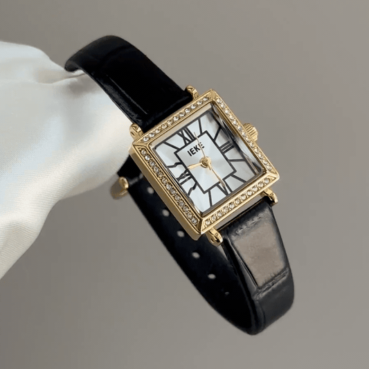 Everyday Refinement:White Square Dial Watch – Gold Square Case & Black Leather Band Quartz