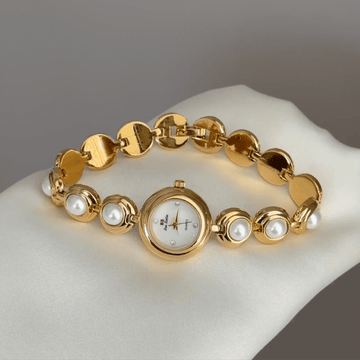 Gilded Grace: White Round Dial Watch with Gold Bezel & Pearl-Set Gold Alloy Chain Bracelet
