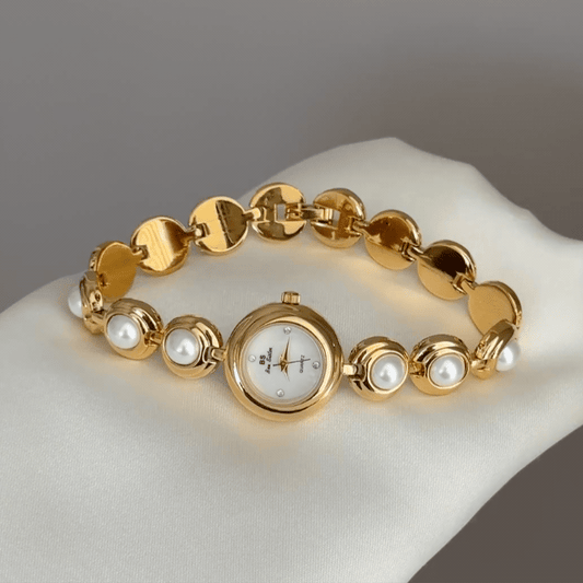 Gilded Grace: White Round Dial Watch with Gold Bezel & Pearl-Set Gold Alloy Chain Bracelet