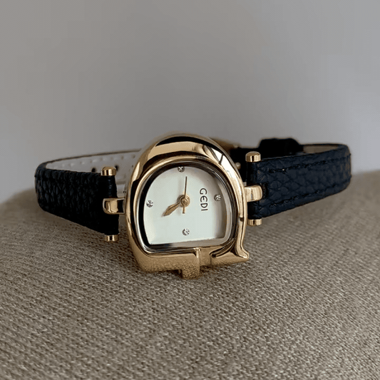 Vintage Gold Horseshoe Watch with White Dial & Slim Black Leather Strap